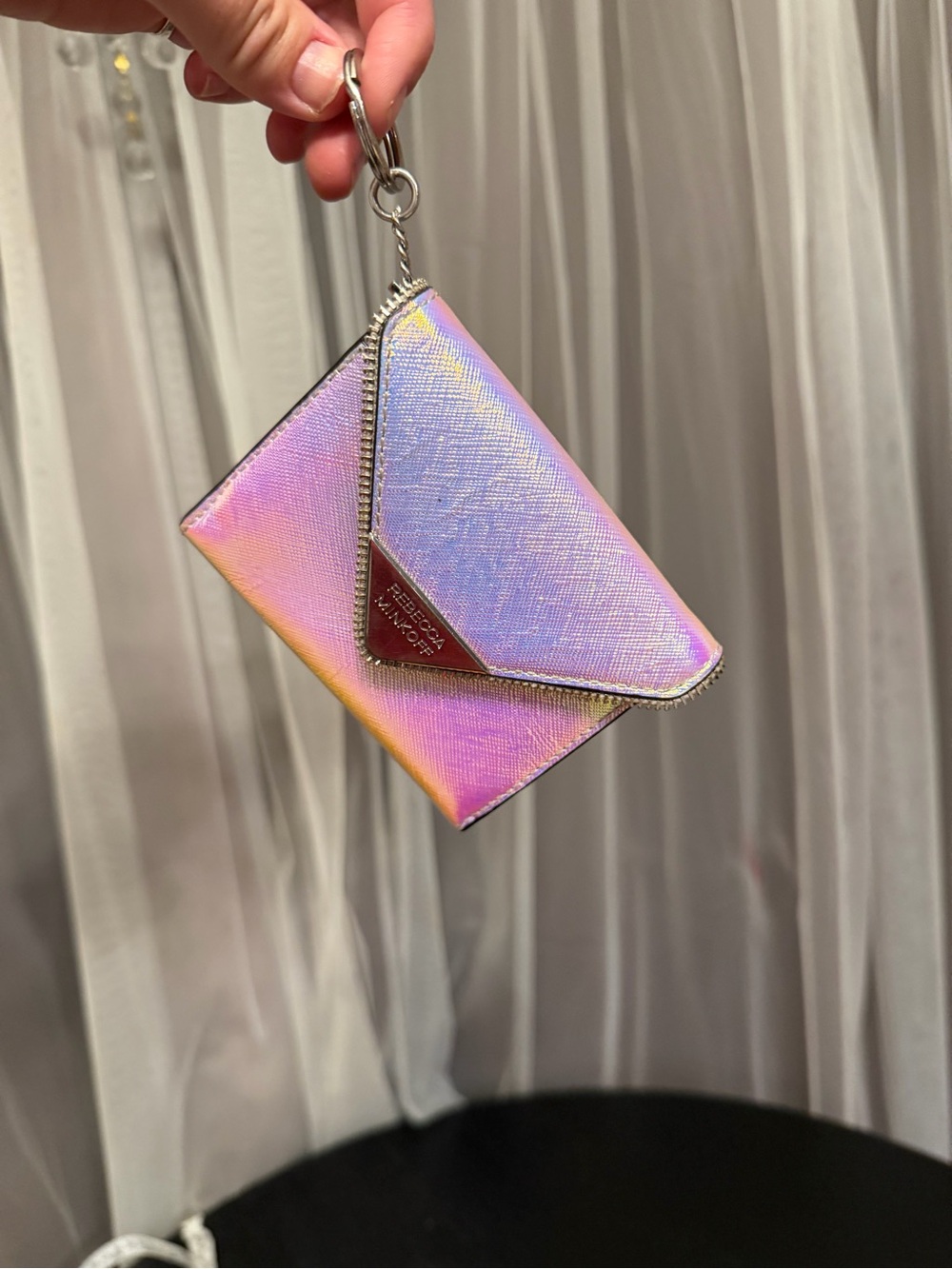 Rebecca Minkoff Molly Metro Opal Iridescent Holographic Leather Wallet Keychain